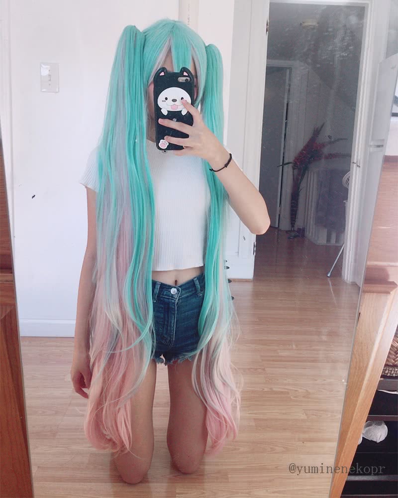 100CM Long VOCALOID Miku Sakura Straight Clip On Ponytails Wig