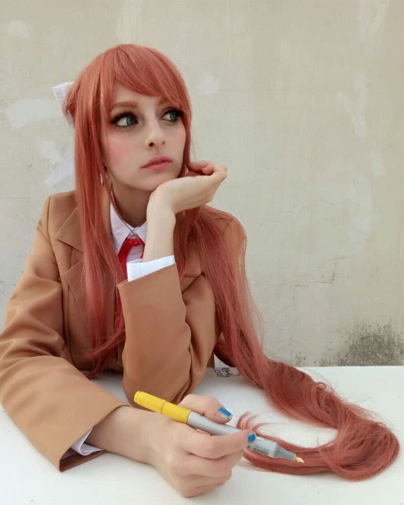 DDLC Monika Super Long Deep Pink Straight Synthetic Cosplay Wigs with Ponytail