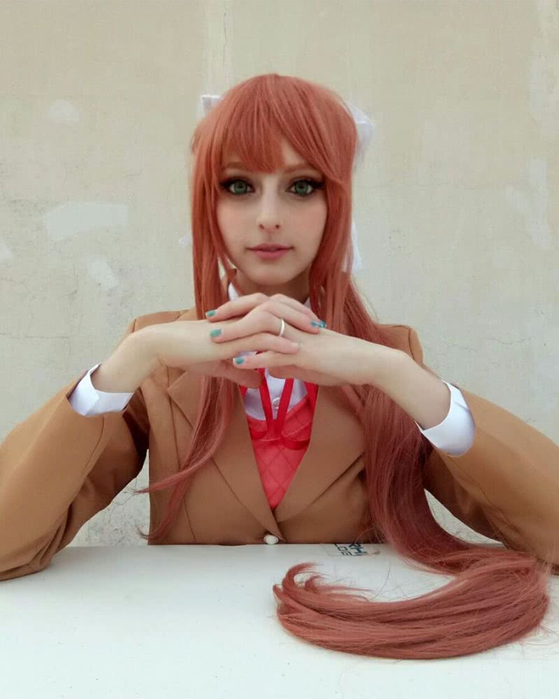 DDLC Monika Super Long Deep Pink Straight Synthetic Cosplay Wigs with Ponytail