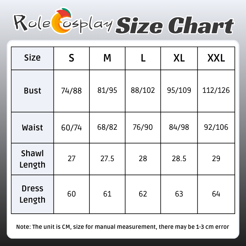 Rolecosplay Black Velvet Christmas Cosplay Dress with Shawl 2B Fanart Cosplay size chart