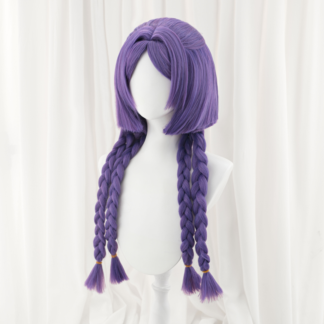 Purple wig with braided ends on a mannequin head against a white background
