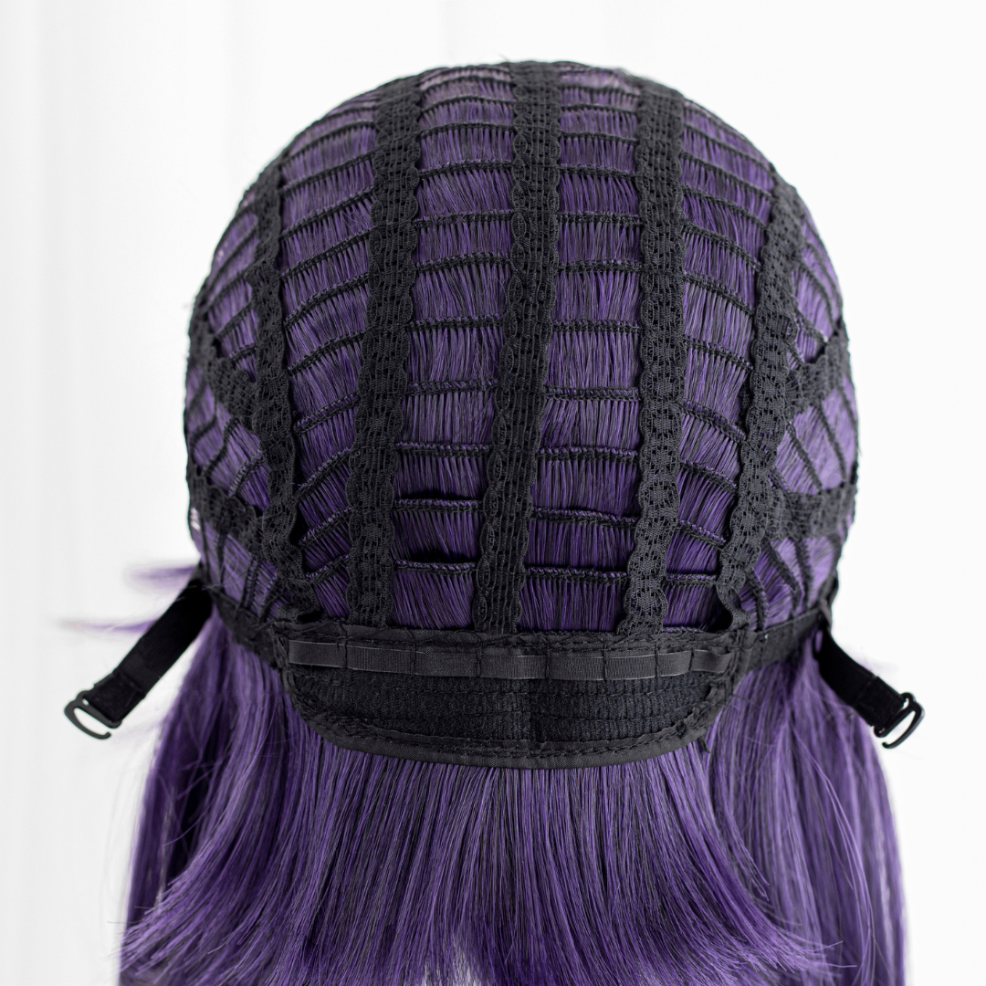 Purple wig with a black mesh cap on a white background Rolecosplay LOL Yunara the Unbroken Faith Cosplay Wig