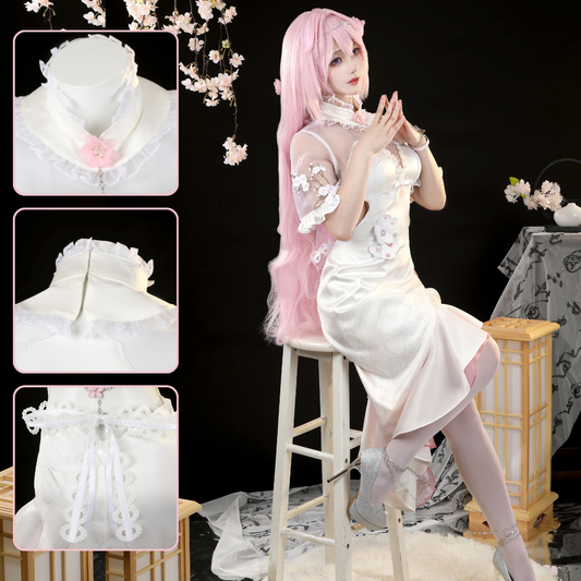 Person in a white dress with floral details sitting on a stool, surrounded by close-up shots of the dress.Rolecosplay NIKKE Feast on Peachland Dorothy Cheongsam Cosplay Costume