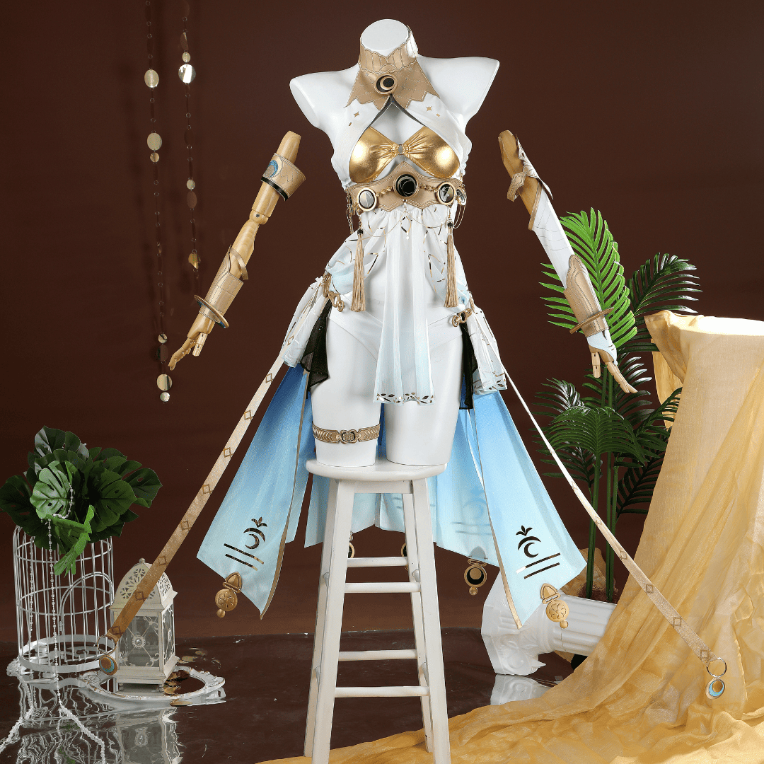 Mannequin wearing a detailed costume with gold and white elements on a brown background Rolecosplay Wuthering Waves Iuno Cosplay Costume