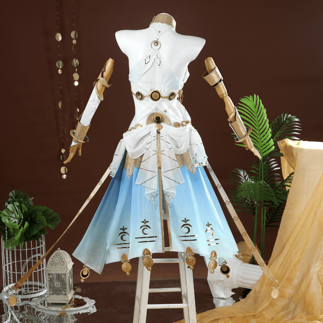 Mannequin wearing a futuristic outfit with blue and white design on a brown background Rolecosplay Wuthering Waves Iuno Cosplay Costume