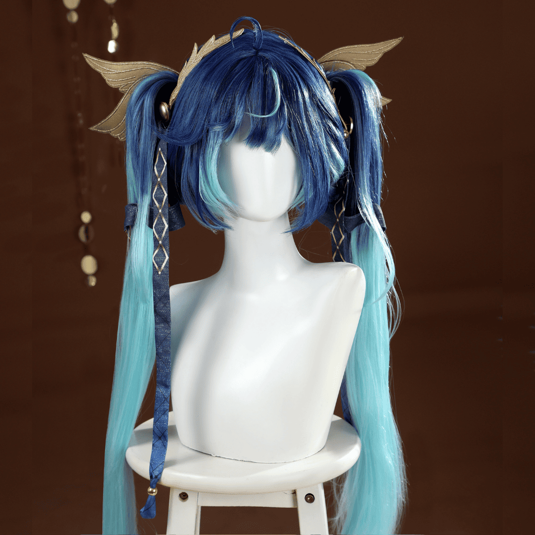 Blue and green wig with decorative headband on a mannequin head against a brown background