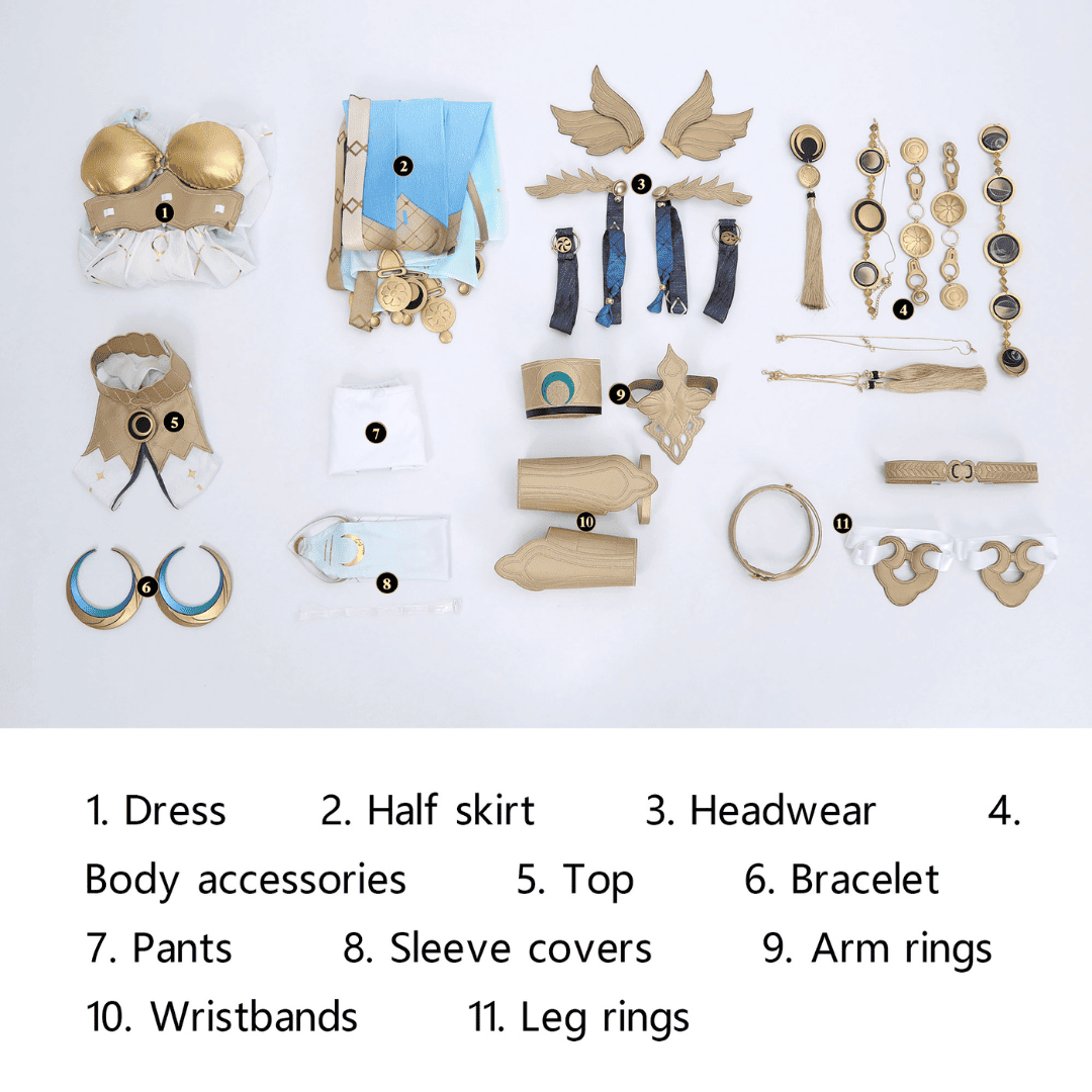 Collection of various accessories including a dress, half skirt, headwear, bracelet, top, arm rings, pants, sleeve covers, wristbands, and leg rings on a white background. Rolecosplay Wuthering Waves Iuno Cosplay Costume