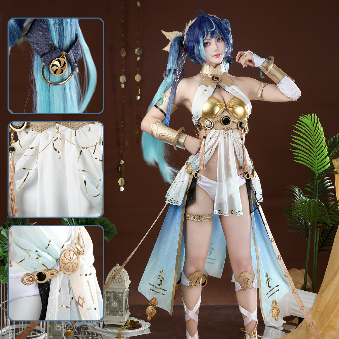 Person in elaborate costume with gold and white details, surrounded by close-up insets of accessories. Rolecosplay Wuthering Waves Iuno Cosplay Costume
