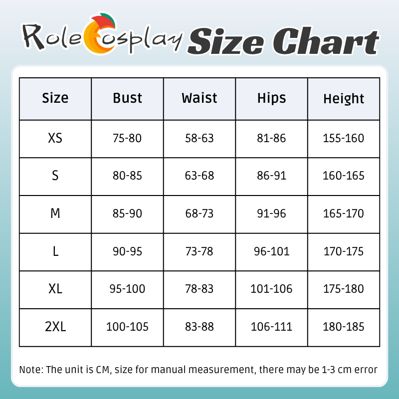 RoleCosplay size chart for clothing with measurements in centimeters.