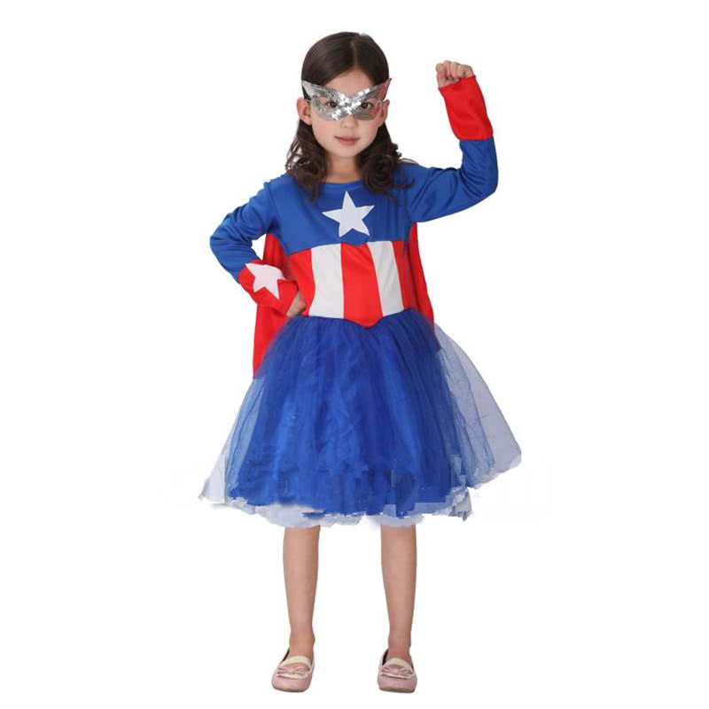 Blue Children’s Halloween Party Costume Captain America Girl Dress with Eye Mask