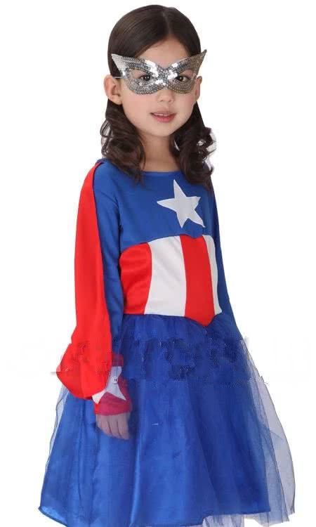 Blue Children’s Halloween Party Costume Captain America Girl Dress with Eye Mask