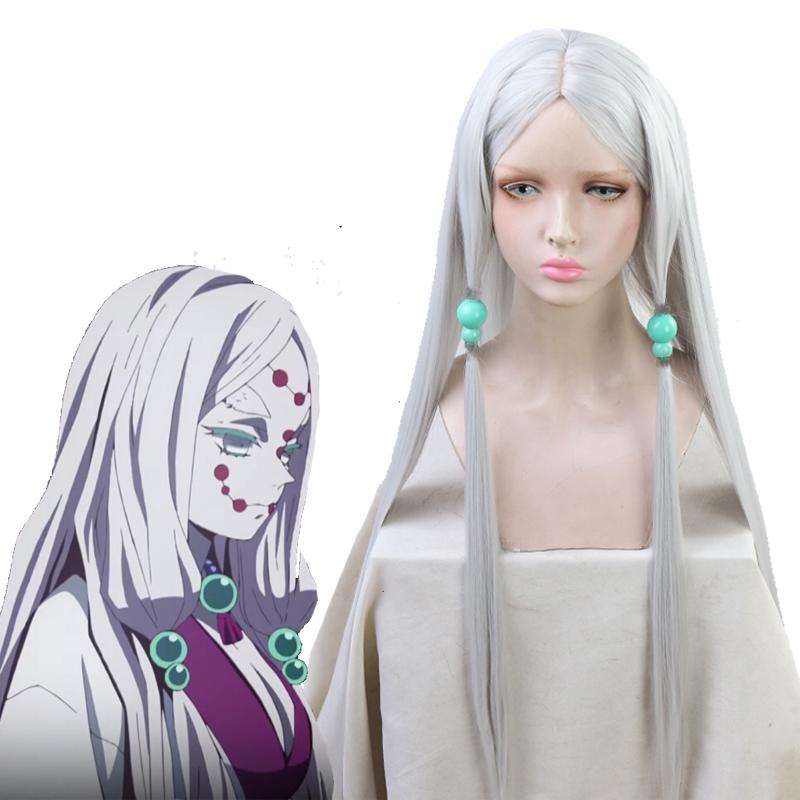 Demon Slayer Rui Spider Mother Silver Long  Cosplay Wigs Free Headdress