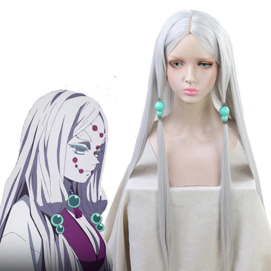 Demon Slayer Rui Spider Mother Silver Long  Cosplay Wigs Free Headdress