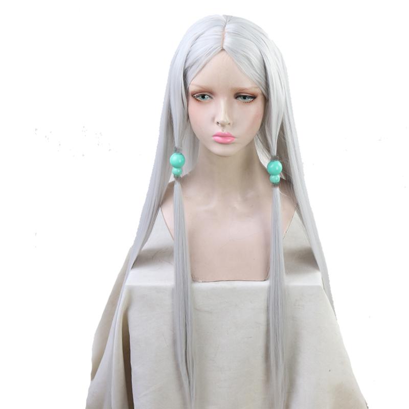 Demon Slayer Rui Spider Mother Silver Long  Cosplay Wigs Free Headdress