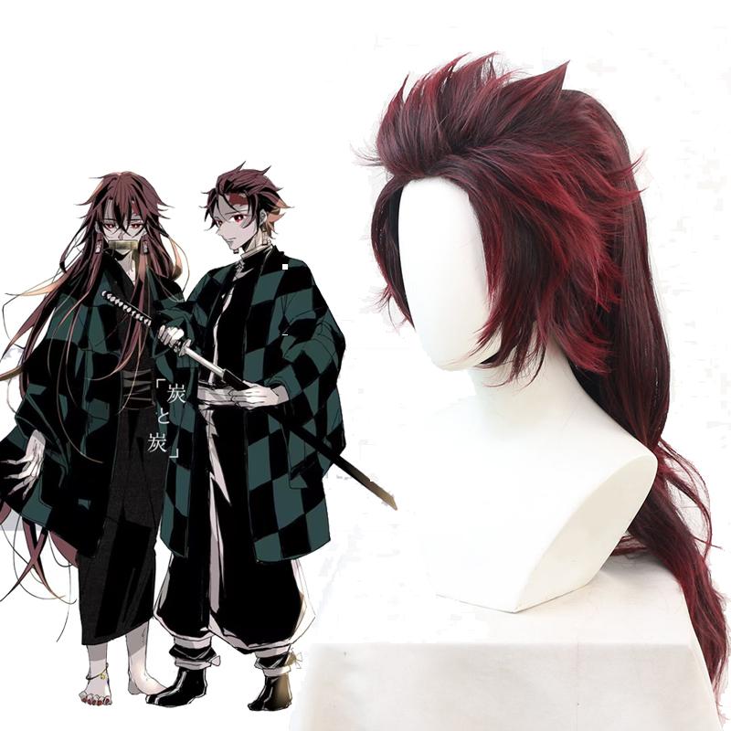 Demon Slayer Tanjirou Kamado Female Red Black Long Cosplay Wigs