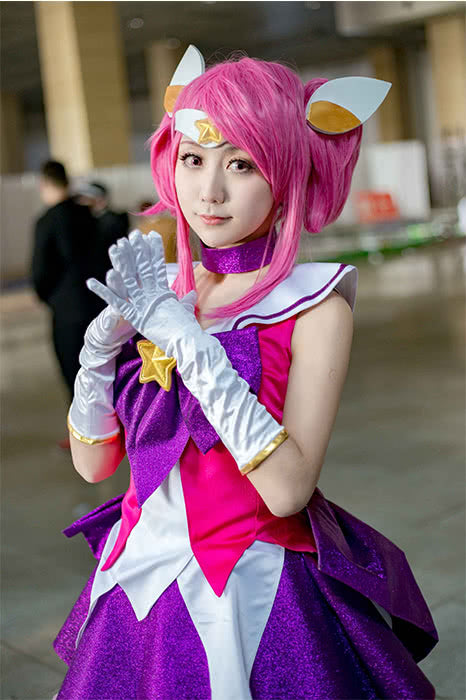 Game LOL Star Guardian Champion Lux Pink Short Cosplay Wigs with Ponytails