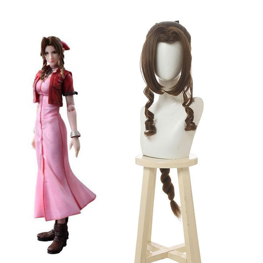 Game Final Fantasy VII Aerith Gainsborough Cosplay Wigs Brown Long Curly Cosplay Wig