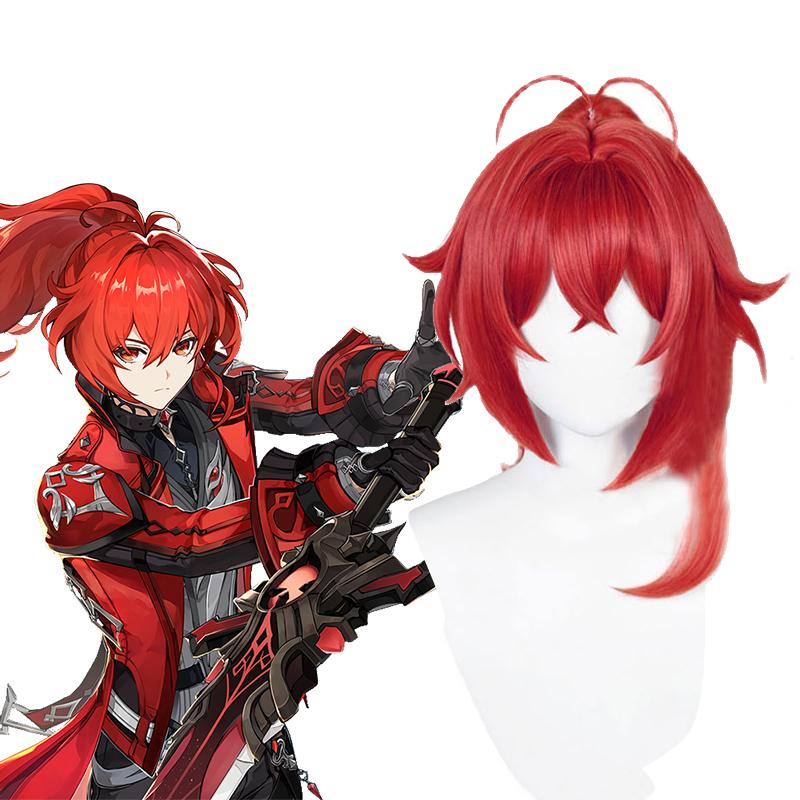 Game Genshin Impact Diluc Ponytail Red Cosplay Wigs