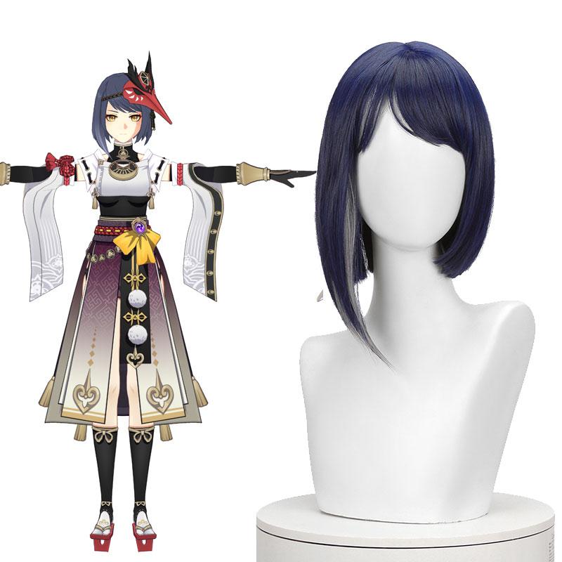 Game Genshin Impact Kujou Sara Blue Mixed Color Cosplay Wigs