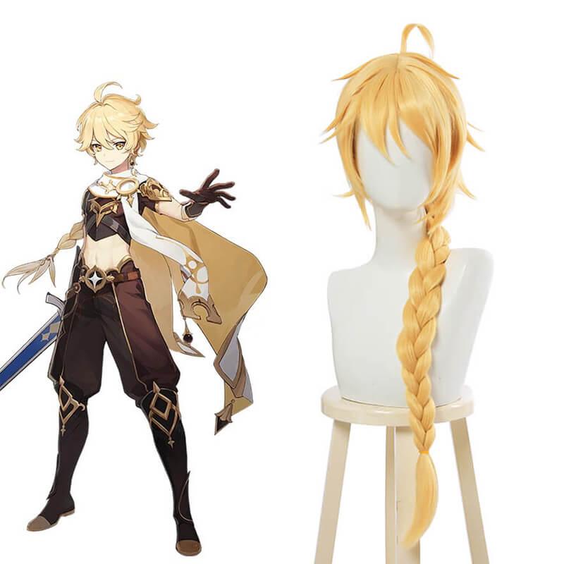 Game Genshin Impact Traveler Aether Blonde Long Braided Cosplay Wigs
