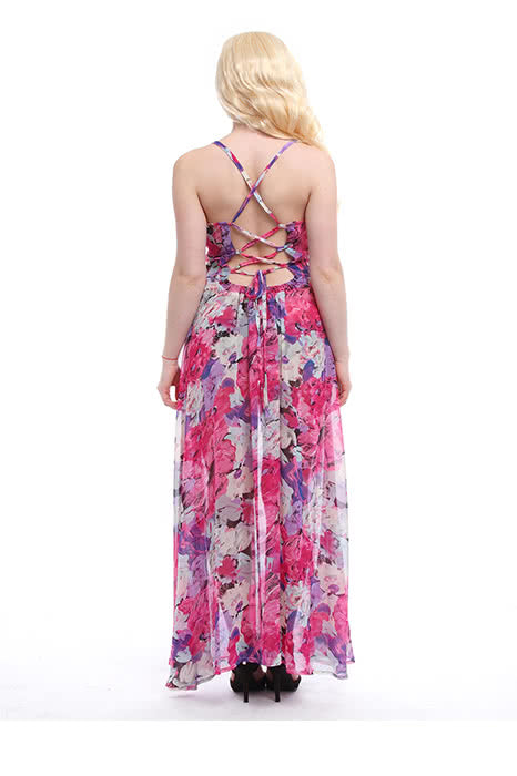 Women‘s Chiffon V-neck Adjustable Waist Fashion Sexy Long Beach Strap Slim Dress