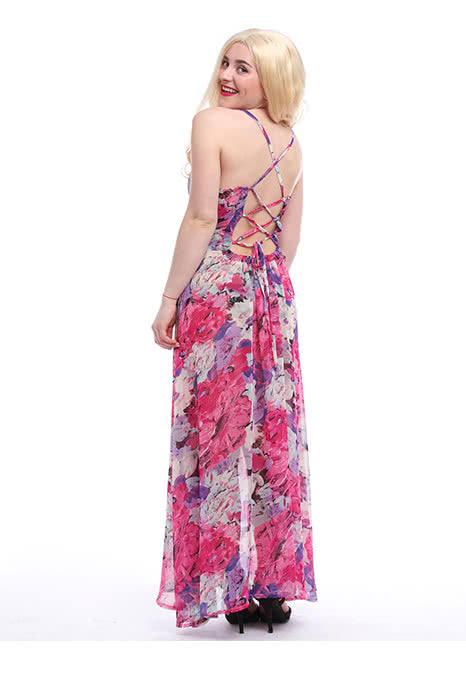 Women‘s Chiffon V-neck Adjustable Waist Fashion Sexy Long Beach Strap Slim Dress