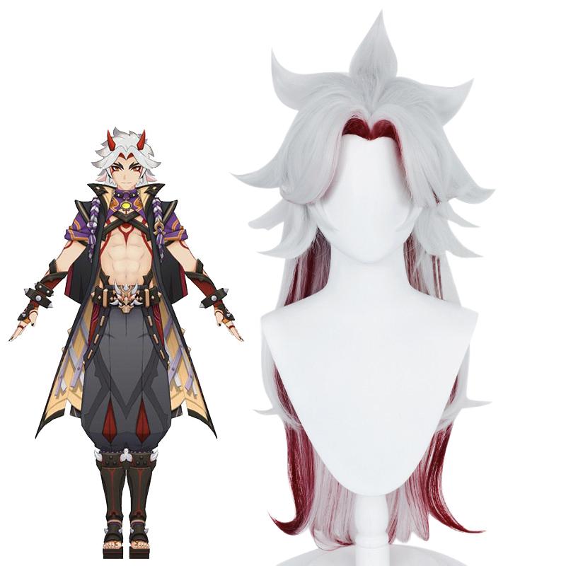Genshin Impact Arataki Itto Grey Mixed Red Long Cosplay Wigs