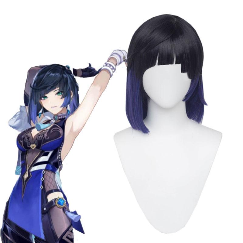 Genshin Impact Yelan Black Mixed Blue Cosplay Wigs