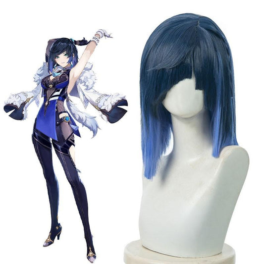 Genshin Impact Yelan Black Mixed Blue Cosplay Wigs