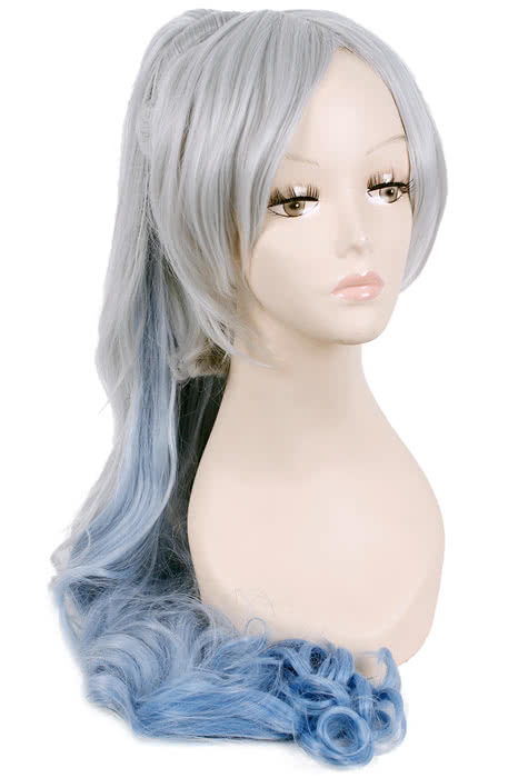 120cm Grey Fade Blue White Trailer Cos Wig With Ponytail