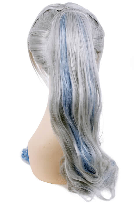 120cm Grey Fade Blue White Trailer Cos Wig With Ponytail