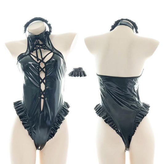 Leather Sexy Straps Cutout Bodysuit Cosplay Costume