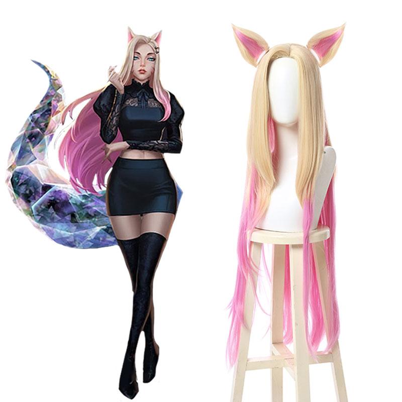 LOL KDA BADDEST Nine Tailed Fox Ahri Blond Mixed Pink Long Cosplay Wigs