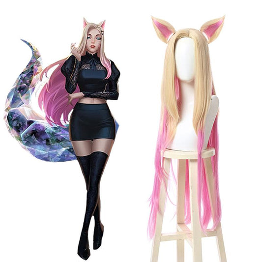 LOL KDA BADDEST Nine Tailed Fox Ahri Blond Mixed Pink Long Cosplay Wigs