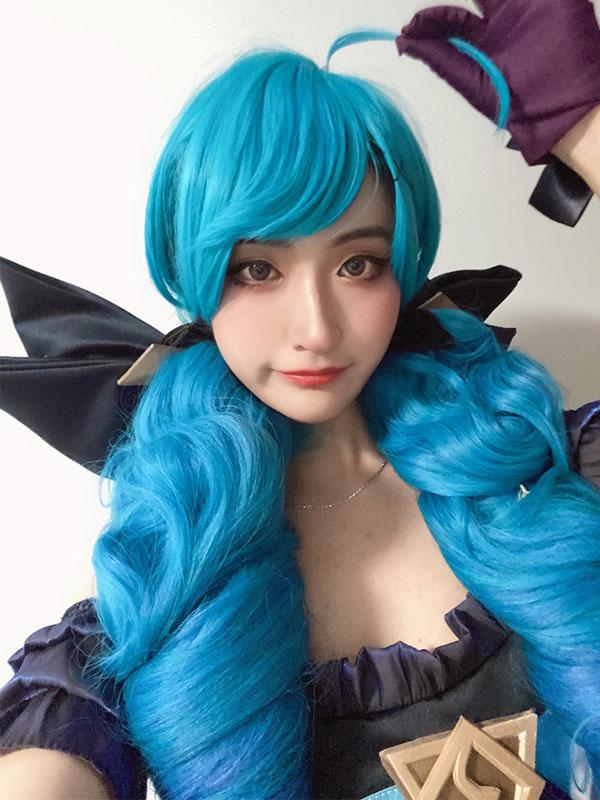 LOL Gwen Blue Gradient Ponytail  Wavy Long Cosplay Wigs