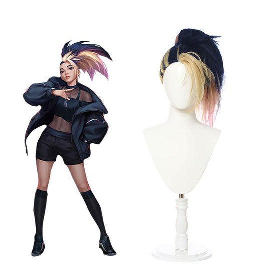 LOL KDA BADDEST Akali  Blue Mixed Yellow Long Cosplay Wigs