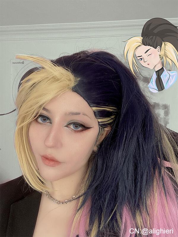 LOL KDA BADDEST Akali Blue Mixed Yellow Long Cosplay Wigs