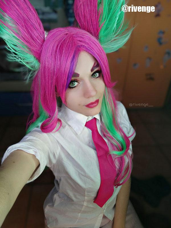LOL Star Guardian Xayah Pink Mixed Green Long Cosplay Wigs