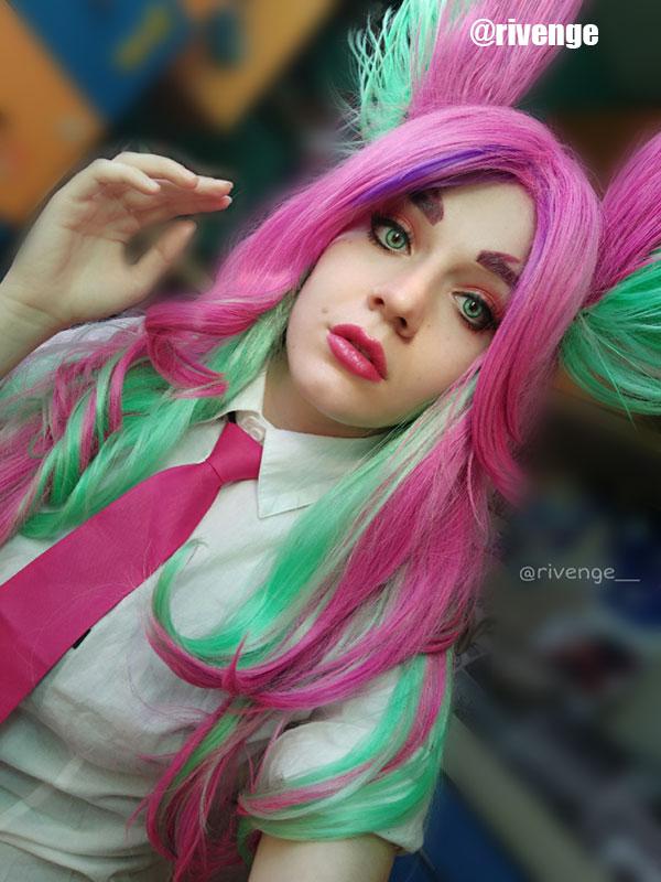 LOL Star Guardian Xayah Pink Mixed Green Long Cosplay Wigs