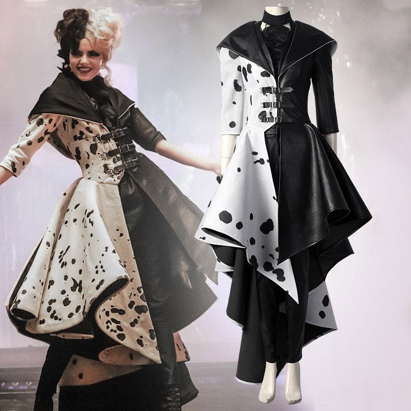 Movie Cruella Cruella de Vil Halloween Black White Splicing Suit Cosplay Costume