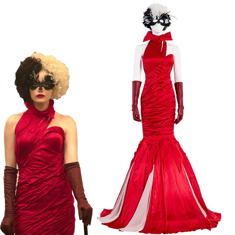 Movie Cruella Cruella de Vil Red Dress Halloween Cosplay Costume