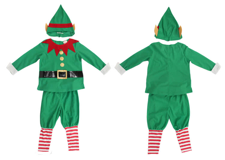 Green Children Christmas Costume with Red Gear Collar Elf Suit