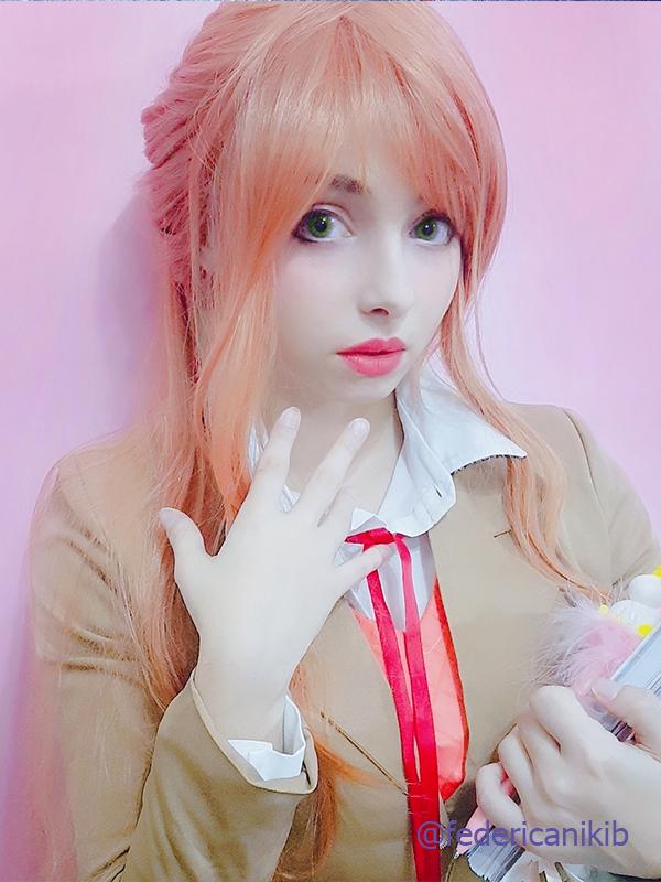 DDLC Monika Super Long Deep Pink Straight Synthetic Cosplay Wigs with Ponytail