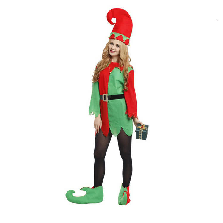 Funny couples Christmas costumes perform uniforms green mix red suit