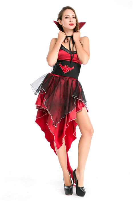 Sexy hot popular Womens Vampire Halloween costume Red dress with black gauze