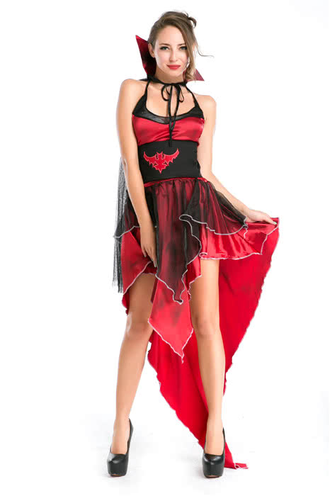 Sexy hot popular Womens Vampire Halloween costume Red dress with black gauze