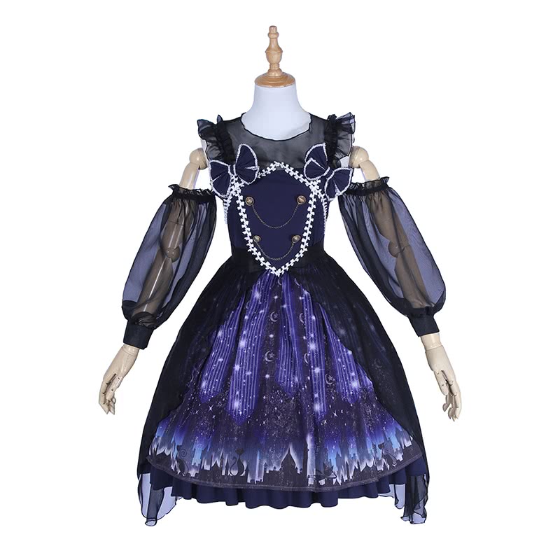 Women Girl Lolita Starry Luxury Chiffon Print Dress