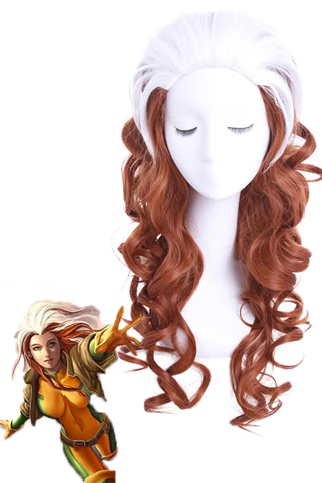 60cm Long White Mixed Brown X-Men Rogue Curly Cosplay Wig