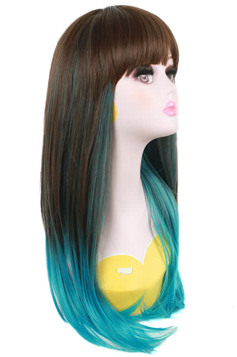 60cm Long Cosplay Wig Mixed Color Blue Straight Fade Women Hair