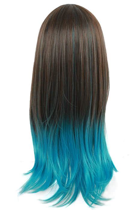 60cm Long Cosplay Wig Mixed Color Blue Straight Fade Women Hair
